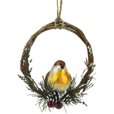 Northlight 4" Brown Bird Sitting in a Twig Wreath Christmas Ornament