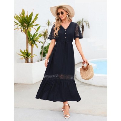 Women's Casual Flowy Lace Short Sleeve Maxi Dress V Neck High Elastic Waist Dress