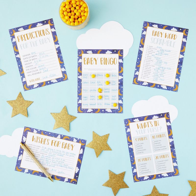 Juvale Set of 5 Over the Moon Baby Shower Games for 50 Guests, Twinkle Twinkle Little Star Bingo, Prediction Cards, Word Scramble, Well Wishes, 2 of 9