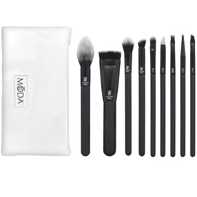 MODA Brush Pro Painted Perfection Brush 10pc Bundle with Zip Case, Includes - Radiance, Sculpt, Glow, Precision Angle, Shade, Crease, Detail, Smudge, and Line Brushes