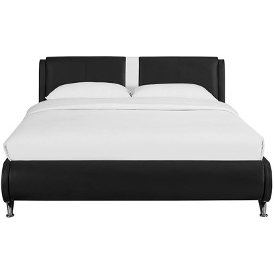 Black Faux Leather Queen Platform Bed with Tufted Headboard