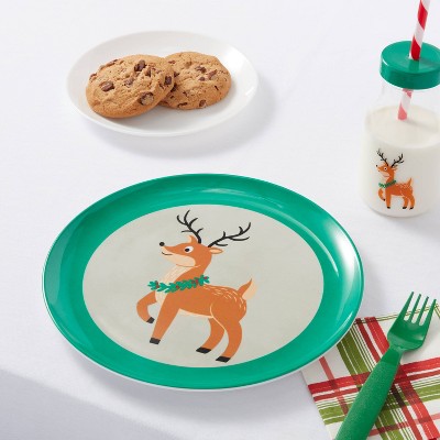 Set of 4 White & Green Dishwasher Safe Reindeer Stoneware Dinner Plates D27.5cm Set of 4 White & Green Dishwasher Safe Reindeer Stoneware Dinner Plates D27.5cm