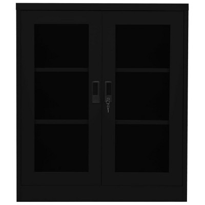vidaXL Black Office Cabinet - Steel Construction - Tempered Glass Doors - Lockable - 2 Adjustable Shelves - Scandinavia Style
