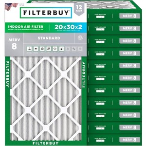 Filterbuy 20x30x2 Air Filter (12-Pack), Pleated MERV 8 Dust Defense Replacement HVAC AC Furnace Filters (Actual Size: 19.75 x 29.75 x 1.75) - 1 of 4
