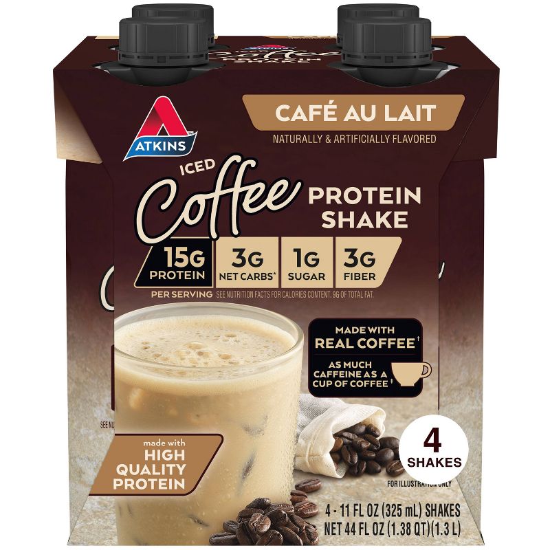 Atkins Caf&#233; au Lait Iced Coffee Protein Shake - 4pk/44 fl oz, 1 of 14