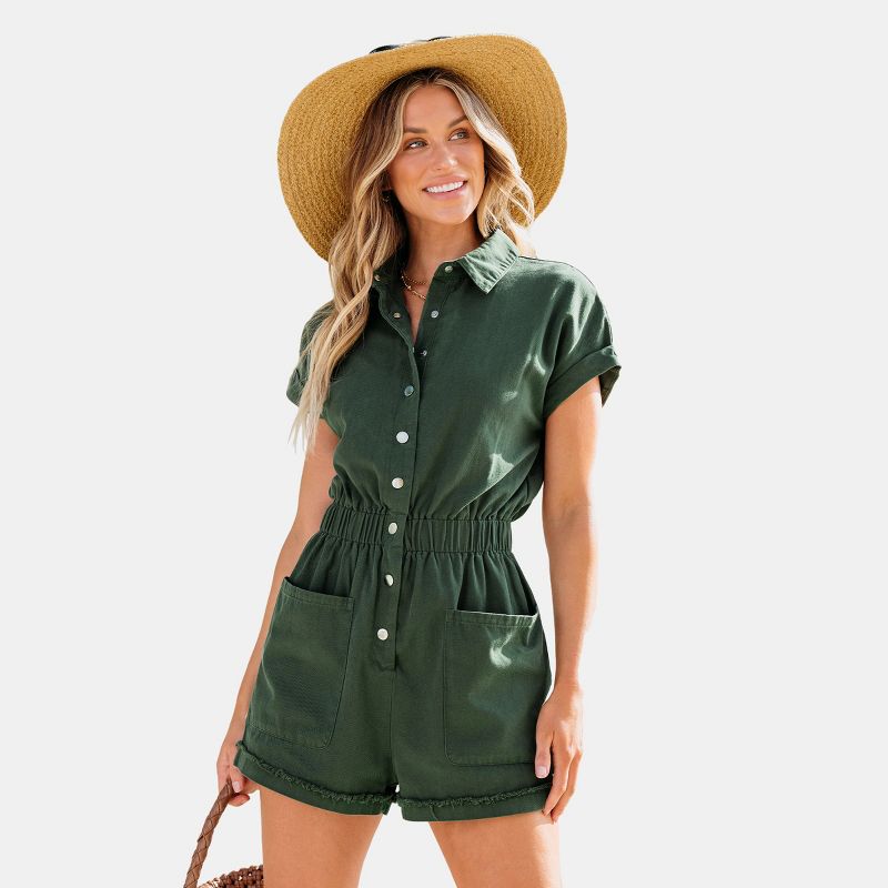 Women's Army Green Collared Smocked Waist Romper - Cupshe, 1 of 6