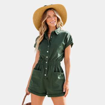 Women's Army Green Collared Smocked Waist Romper - Cupshe