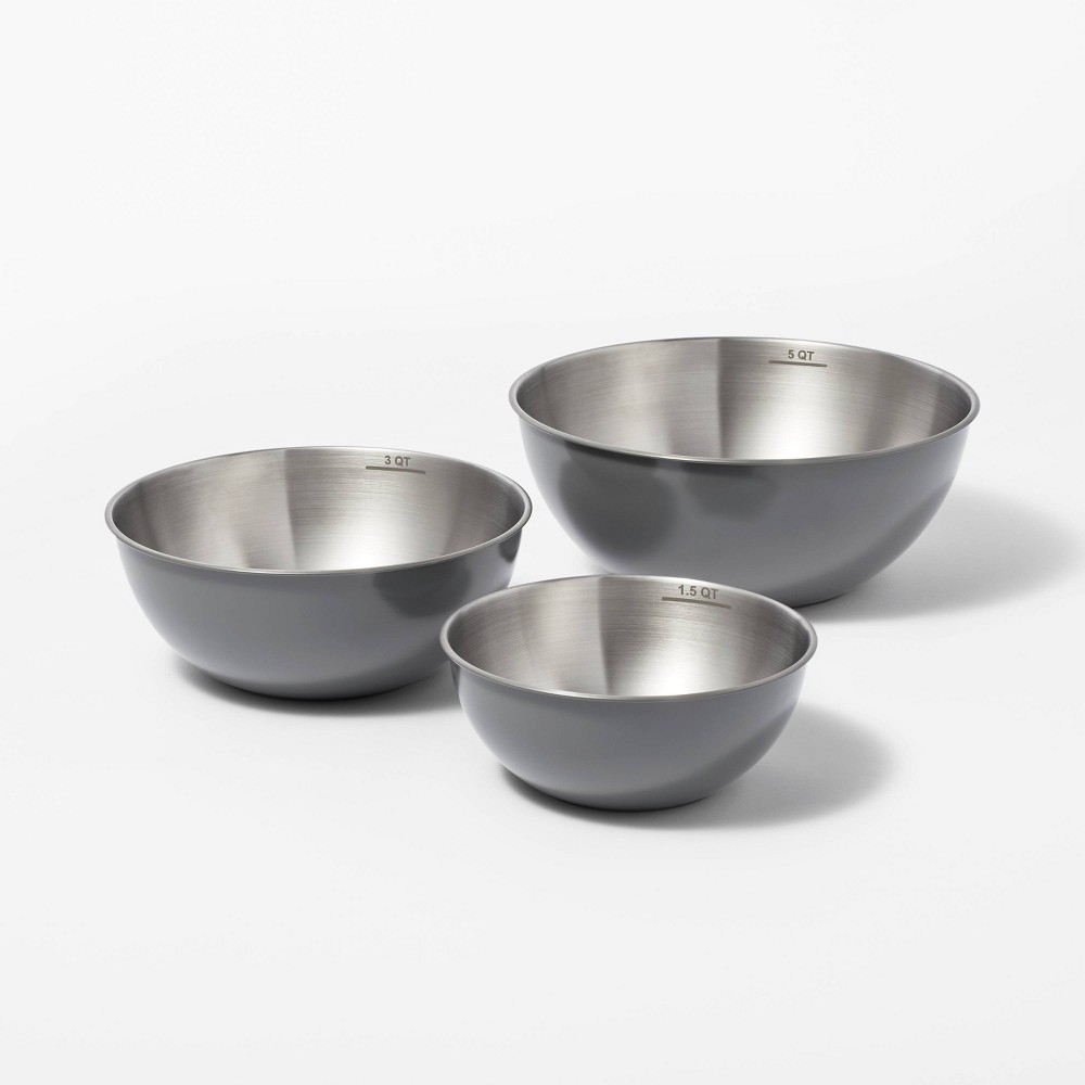 3pc (5qt, 3qt & 1.5qt) Stainless Steel Non-Slip Mixing Bowls (no lids) Gray - Figmint™ -  87707278
