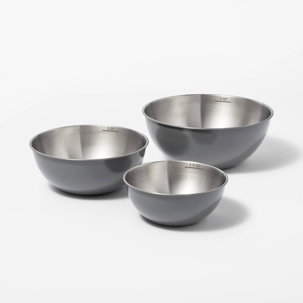 3pc (5qt, 3qt & 1.5qt) Stainless Steel Non-Slip Mixing Bowls (no lids) Gray - Figmintâ„¢