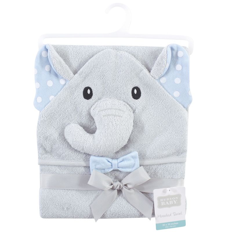 Hudson Baby Infant Boy Cotton Rich Animal Hooded Towel, White Dots Gray Elephant, One Size, 3 of 4