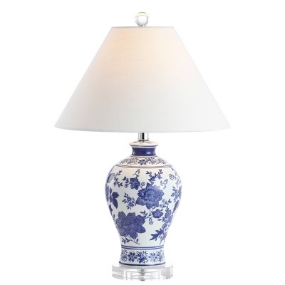 21.5" Ceramic and Crystal Song Chinoiserie Floral Table Lamp (Includes LED Light Bulb) Blue and White - Jonathan Y