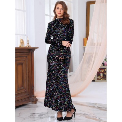 Женские платья INSPIRE CHIC Women's Sequined Maxi Velvet Crewneck Long Sleeve Cocktail Evening Bodycon Dress Small Black — фото 3