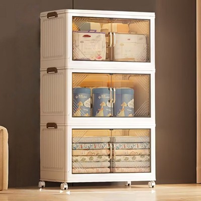 FONTOI 3-Tier Foldable Storage Box with Clear Doors&Wheels, Stackable Storage Container for Bedrooms Living Rooms Office, Beige, 15.35"*42.41"*25.59"