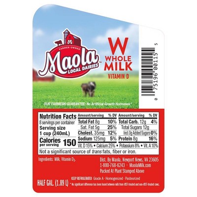 Maola Vitamin D Whole Milk - 0.5gal