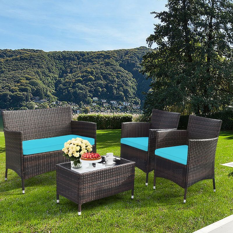 Tangkula 4 Pieces Patio Rattan Conversation Furniture Set Outdoor w/ Brown & Turquoise Cushion, 2 of 10