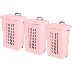 Sterilite Ultra Wheeled Hamper, Laundry Basket w/Lid & Handle,Pink Frost, 3 Pack - 1 of 4