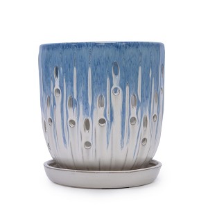 MAYEERTY Set of 2 Ceramic Flowerpot with Drainage Hole 8" Modern Planter White Blue for Patio Garden Windowsill - 1 of 4