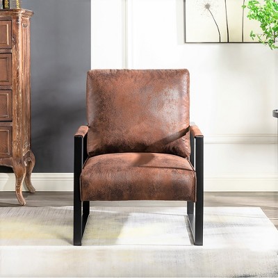 VYNXARIA Classic Mid Century Modern Accent Chair in Brown Spotted Microfiber with Metal Frame