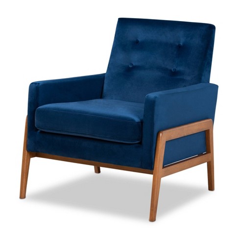 Perris Mid Century Modern Velvet Fabric Upholstered Wood Lounge Chair Blue Baxton Studio