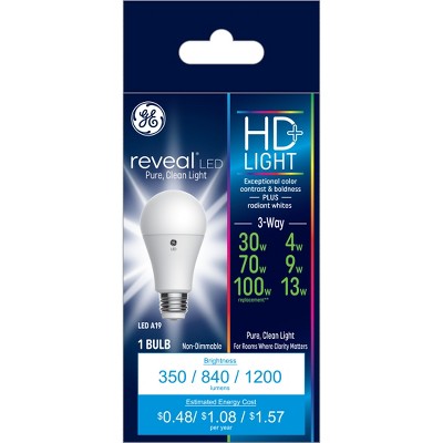 GE Reveal HD+ LED HD 3-Way Light Bulb: 13W A19, 1200 Lumens, E26 Base, 2850K, 3-Way Settings, 13.7-Year Life, Damp Location Suitable
