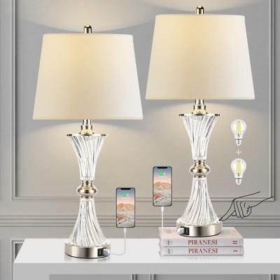 ROTTOGOON Touch Control Table Lamp for Bedrooms 3 Way Dimmable White Drum Shade Nightstand lamp Set of 2 with 2 USB Charging Port(Bulbs Included)