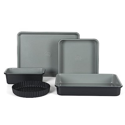 Sur La Table Kitchen Essential Carbon Steel Baking Pans Bakeware Set W/Premium PFA Free Grey Ceramic Nonstick - Black Exterior