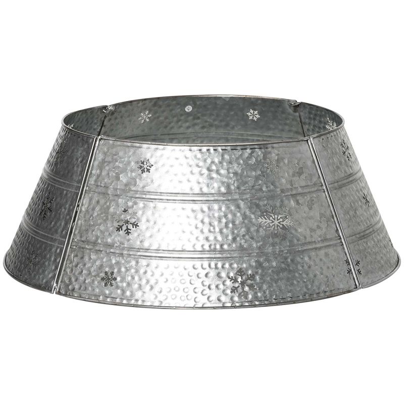 Silver Steel Christmas Tree Collar with Snowflake Print, 26" Base