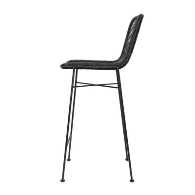 Tropical Chic Black Rattan and Metal High-Back Bar Stool
