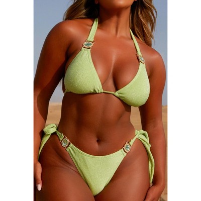 Lumiére 'Mint' Lurex Tie Side Crystal Bikini Bottoms Mint Large
