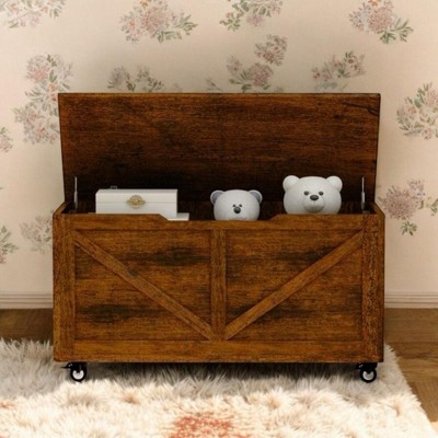 Alilang 39.36 inches Rustic Wooden Storage Chest with Hinged Lid and Rolling Casters-Brown