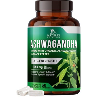 Organic Ashwagandha Capsules 2100mg Supplement w/ Black Pepper Root Powder - 60 Capsules