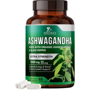 Organic Ashwagandha Capsules 2100mg Supplement w/ Black Pepper Root Powder - 60 Capsules By Nature's Nutrition - 1 of 4
