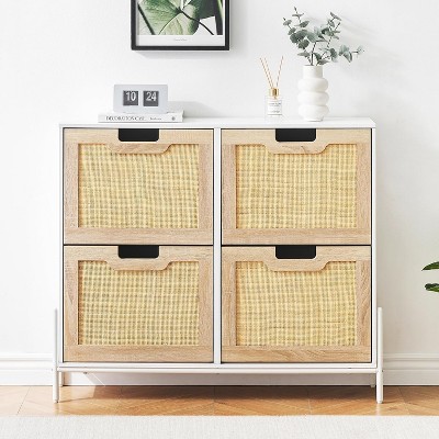 Natural Rattan Storage Cabinet, Freestanding Entrance Storage Cabinet with 4 Flip Drawers