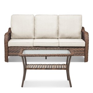 Buenhomino Outdoor Furniture 3-Seater Rattan Sofa Patio Wicker Sofa Couch Furniture Set with Glass Coffee Tables - 1 of 4