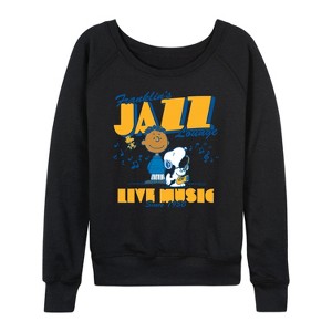 Women's - Peanuts - Franklins Jazz Lounge -Women's French Terry Long Sleeve Shirt Lightweight French Terry Wide Neck Long Sleeve Graphic Shirt - 1 of 4