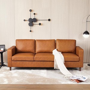 Brown Leather Sofa, 83" Mid-Century Modern Couch, 3-Seater Sofa with Armrests and Comfy Cushions, Pu Deep Seat Sofas for Living Room, Bedroom, Office - 1 of 4