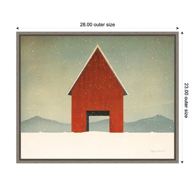Red Barn Winter Scene Canvas Print in Greywash Frame