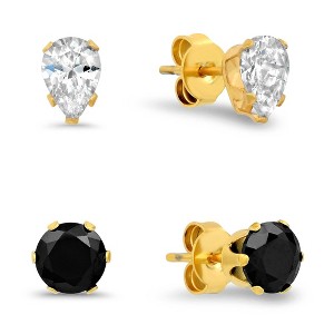 Steeltime Ladies 18k gold plated stainless steel white and black simulated pear/round shape diamond stud earrings set - 1 of 4