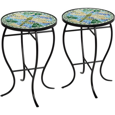 Teal Island Designs Dragonfly Mosaic Black Iron Outdoor Accent Tables Set of 2
