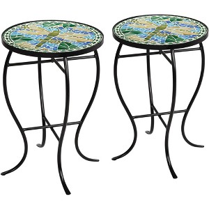 Teal Island Designs Black Round Outdoor Accent Side Tables 14" Wide Set of 2 Green Dragonfly Tabletop for Front Porch Patio Home House - 1 of 4