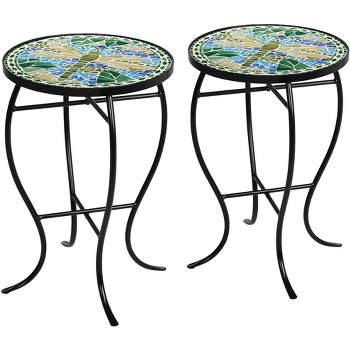 Teal Island Designs Black Round Outdoor Accent Side Tables 14" Wide Set of 2 Green Dragonfly Tabletop for Front Porch Patio Home House
