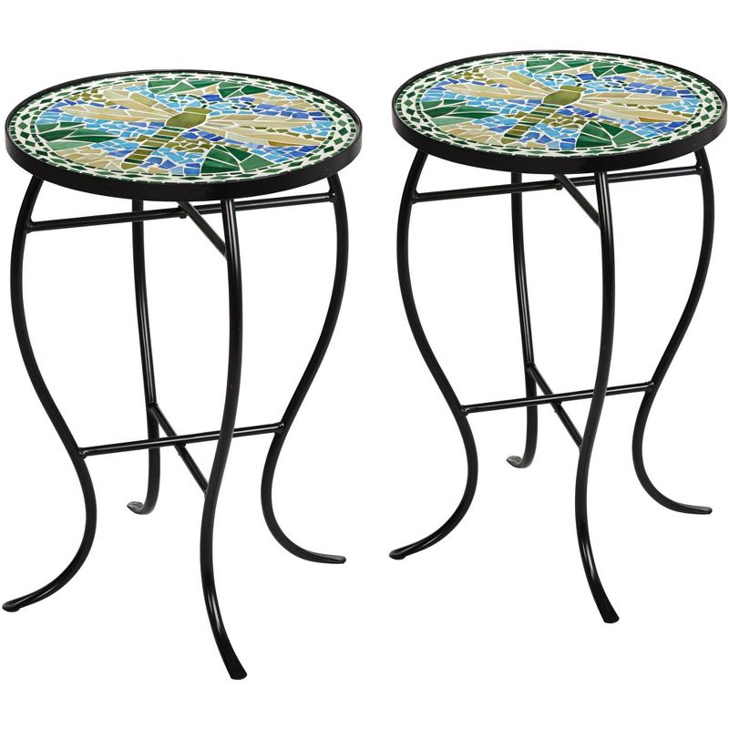 Teal Island Designs Black Round Outdoor Accent Side Tables 14" Wide Set of 2 Green Dragonfly Tabletop for Front Porch Patio Home House, 1 of 8
