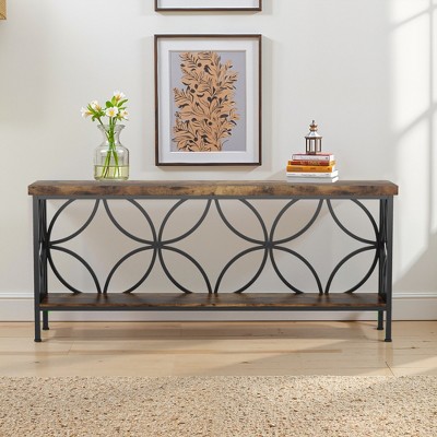 Lirago 70.9" 2 Tier Console Table Industrial Narrow Sofa Table Behind Couch Vintage Wood Metal Frame Entryway Storage Shelf Brown