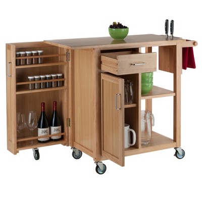 Natural Wood Kitchen Cart with Wine Rack and Storage
