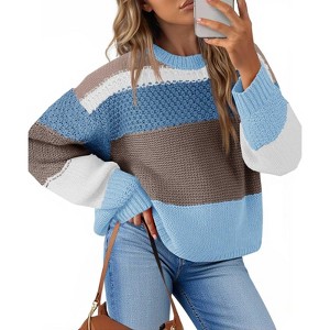 Imily Bela Womens Color Block Cropped Sweaters 2025 Winter Trendy Casual Oversized Y2k Going Out Striped Pullover Tops - 1 of 4