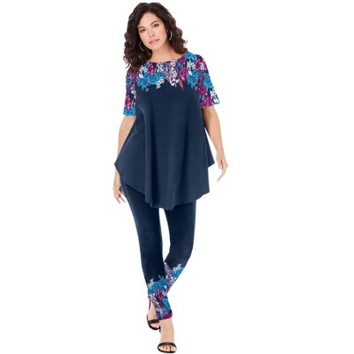 Jessica London Women's Plus Size Two Piece Sleeveless Tunic Top Capri Pants  Linen Blend Set - 12, Navy Blue 