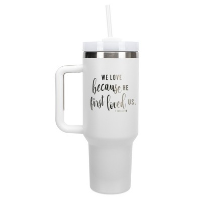 Elanze Designs We Love Because He First Loved Us Faith 40 oz. Stainless Steel, Large Water Bottle Coffee Mug, Spill & Leak Resistant, Thermal Travel
