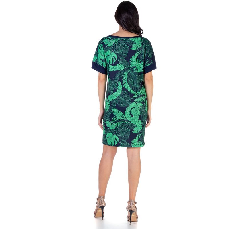 24seven Comfort Apparel Loose Fit Casual Green Leaf Print Knee Length T Shirt Dress, 3 of 5