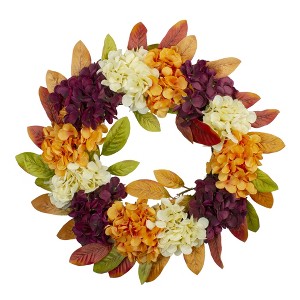 Northlight Hydrangeas and Leaves Twig Artificial Floral Wreath, Orange 20-Inch - 1 of 4