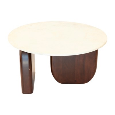 Round Walnut and White Marble Coffee Table, 30"
